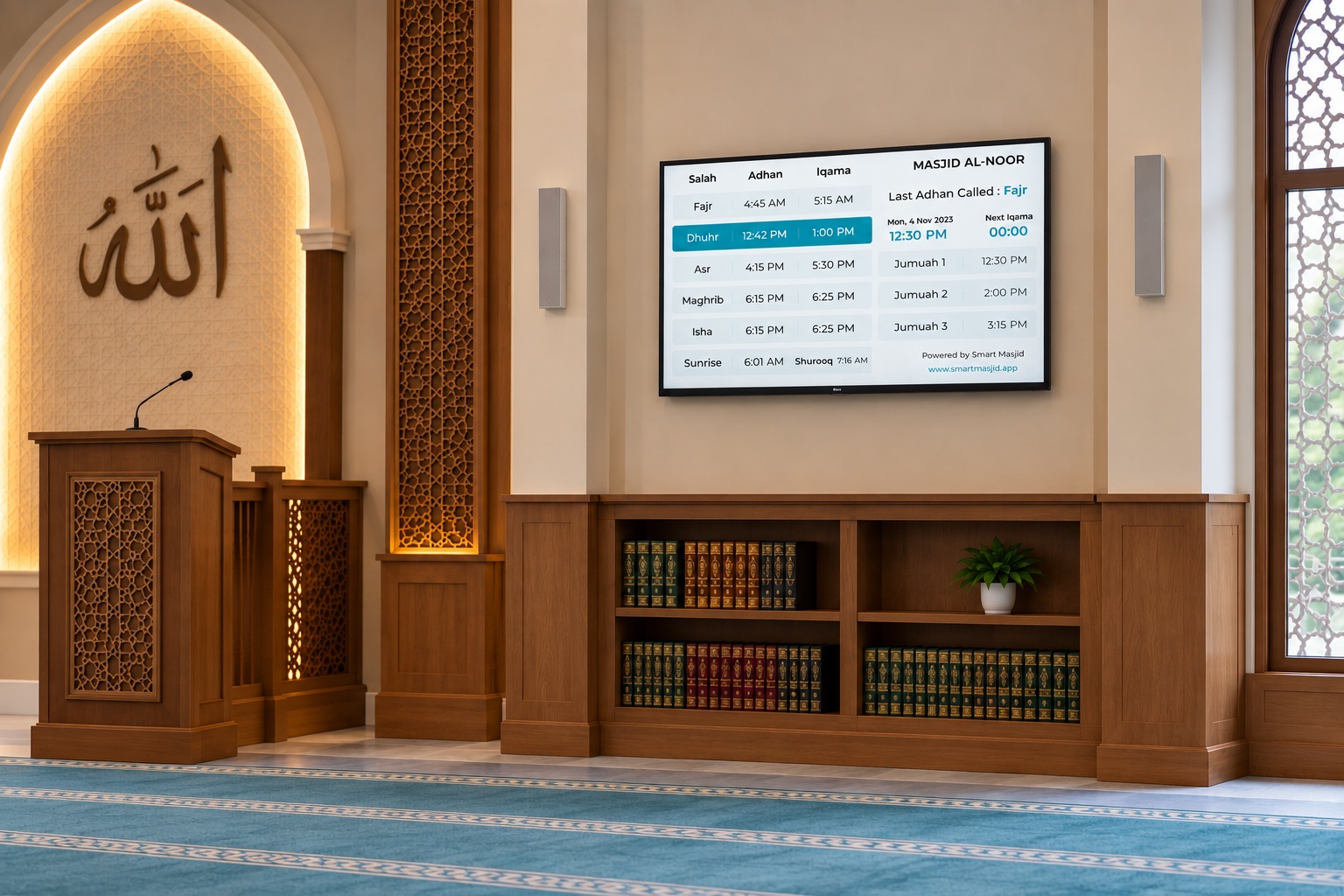 Smart Masjid TV display showing prayer times inside a masjid
