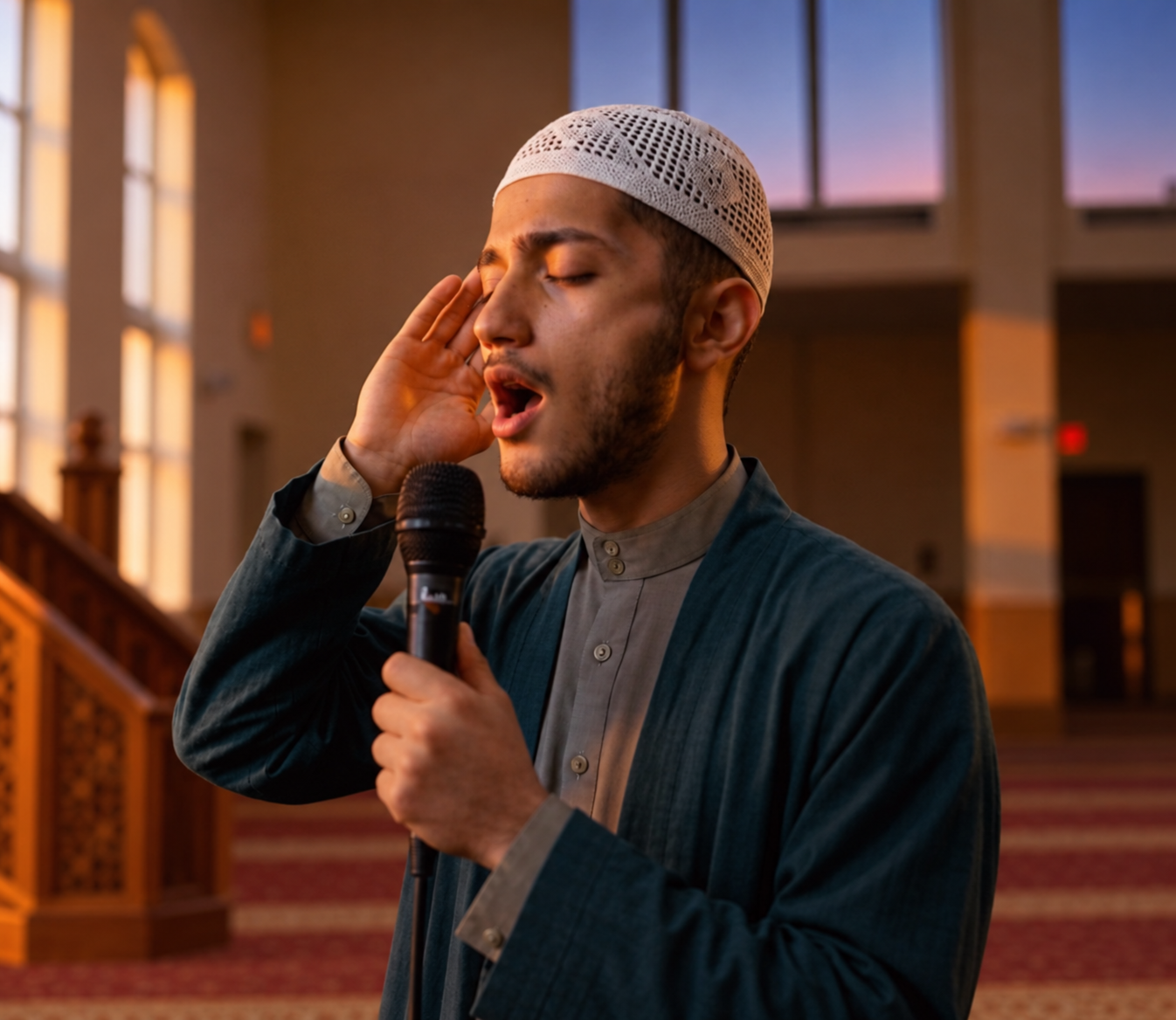 A muezzin giving the adhan into a microphone for live streaming